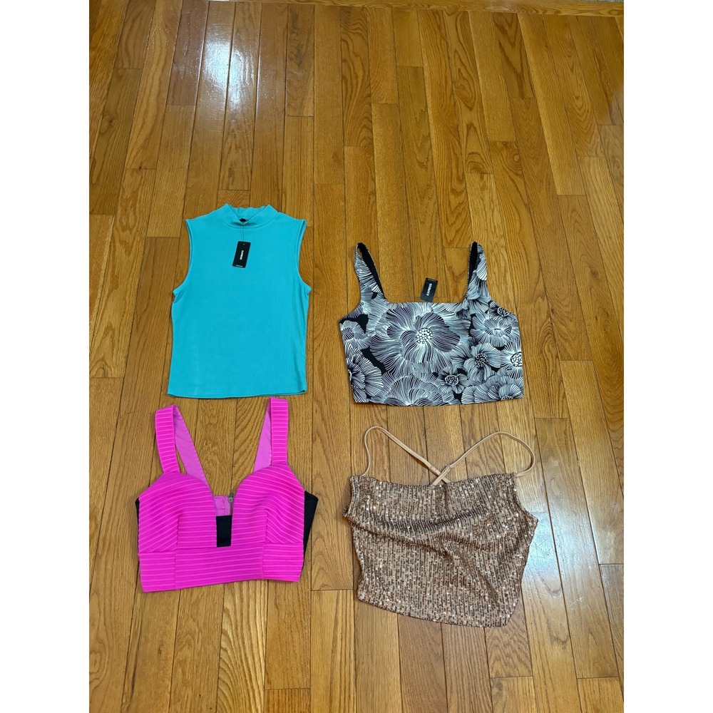 Bundle 4 Express Womens‎ Top Turquoise Mock Neck Floral Crop Pink Bustier Sequin